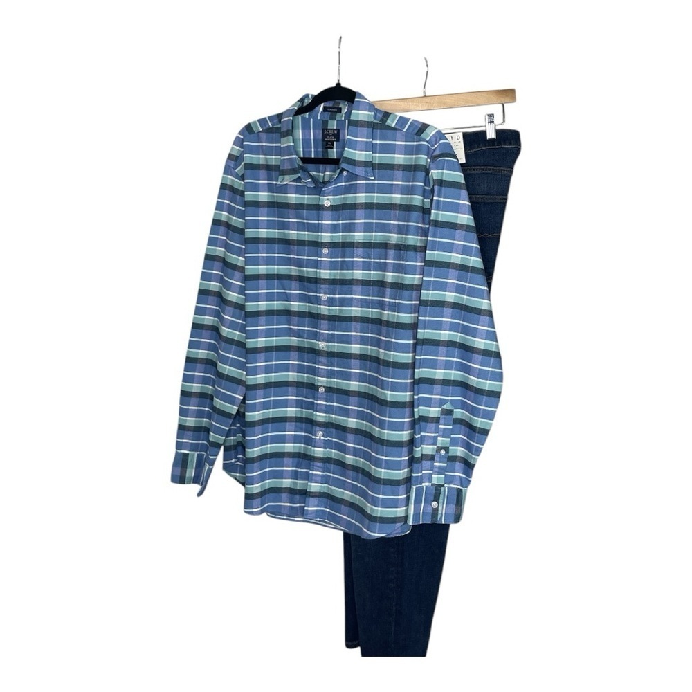 J Crew Factory Flex Classic Oxford Blue and Green Plaid Button-Up Shirt XL
